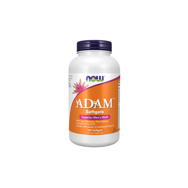 A white bottle of Now Foods ADAM Men's Multiple Vitamin 180 Softgels, an essential men's multivitamin with an orange and white label and purple cap, supports optimal health.